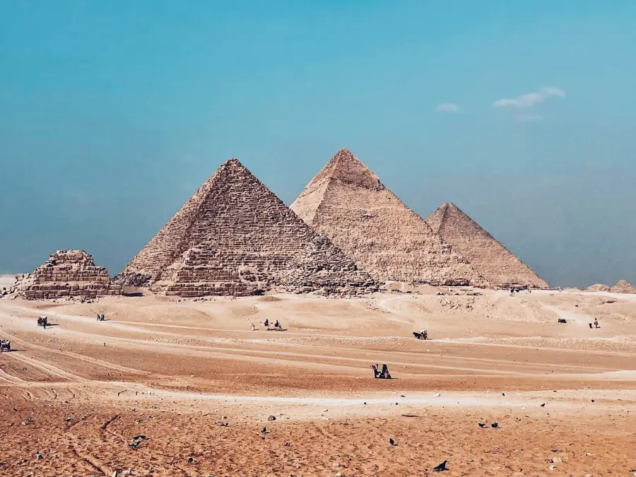 The pyramids of Giza in the desert near Cairo, Egypt
