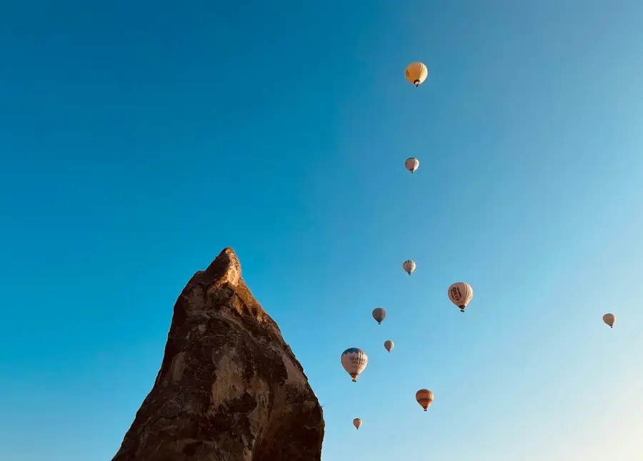 Hot-air balloons over the valleys of Cappadocia, Turkey